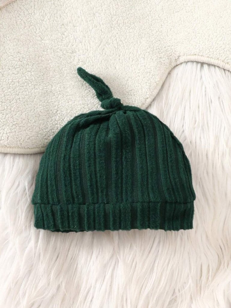 Baby Dark Green Stripe Fleece Jumpsuit With Beanie