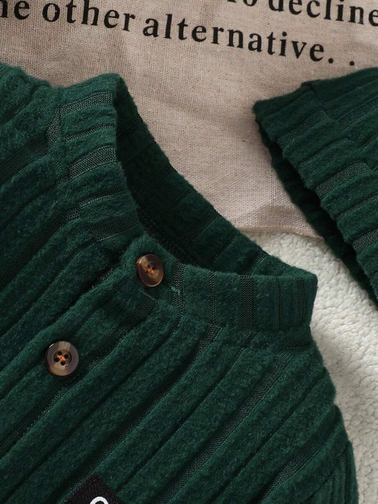 Baby Dark Green Stripe Fleece Jumpsuit With Beanie