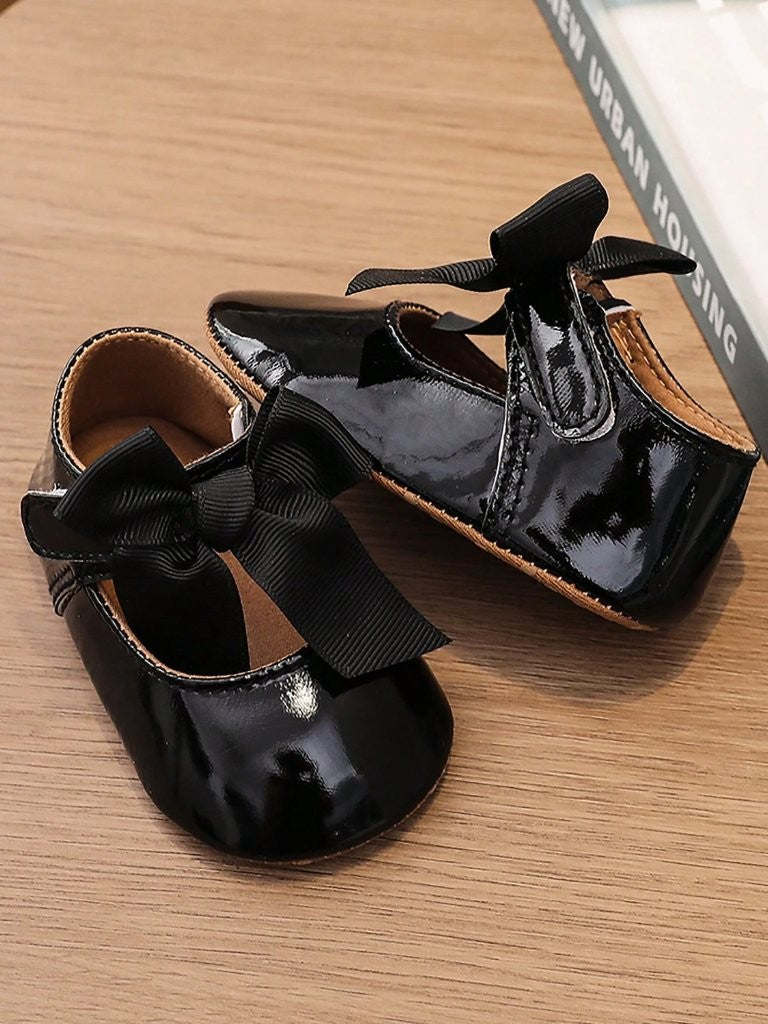 Baby Soft Sole Shiny Bow Flats Black