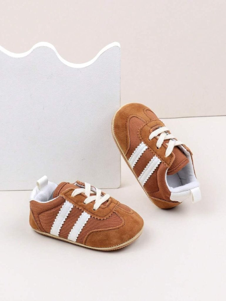 Baby Boy Double Stripe Brown Lace Up Sneakers