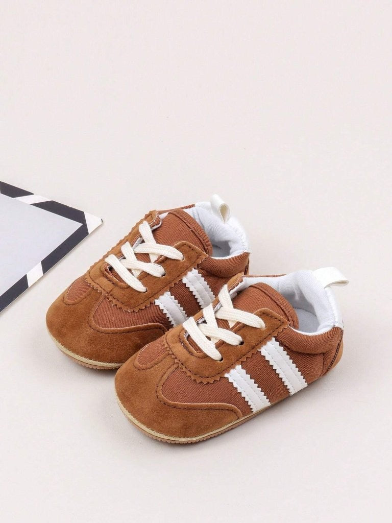 Baby Boy Double Stripe Brown Lace Up Sneakers