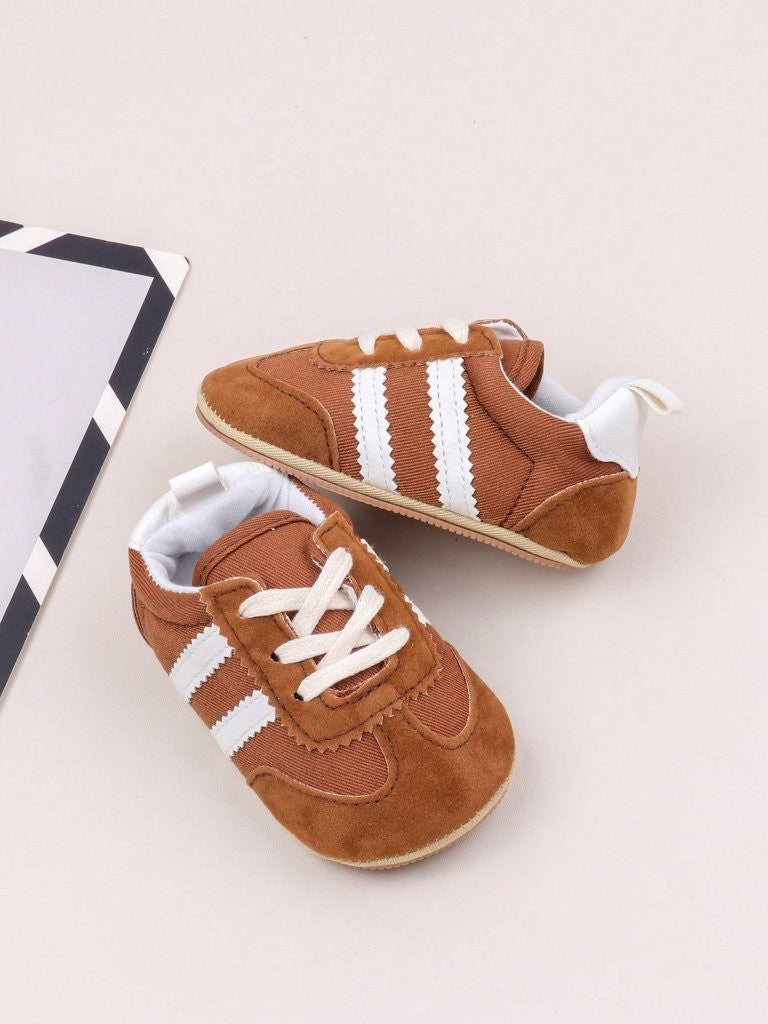 Baby Boy Double Stripe Brown Lace Up Sneakers