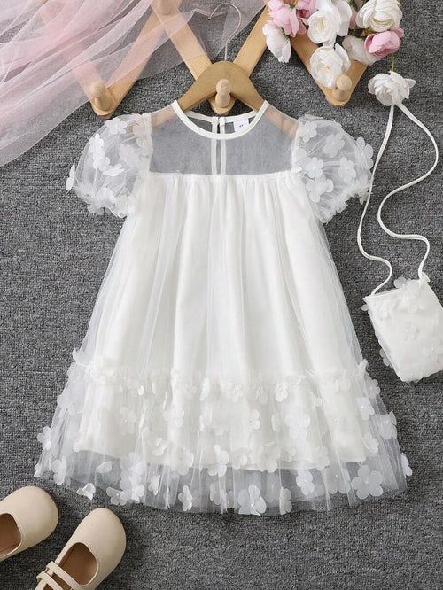 Toddler Girls White 3D Flower Dress With Bag