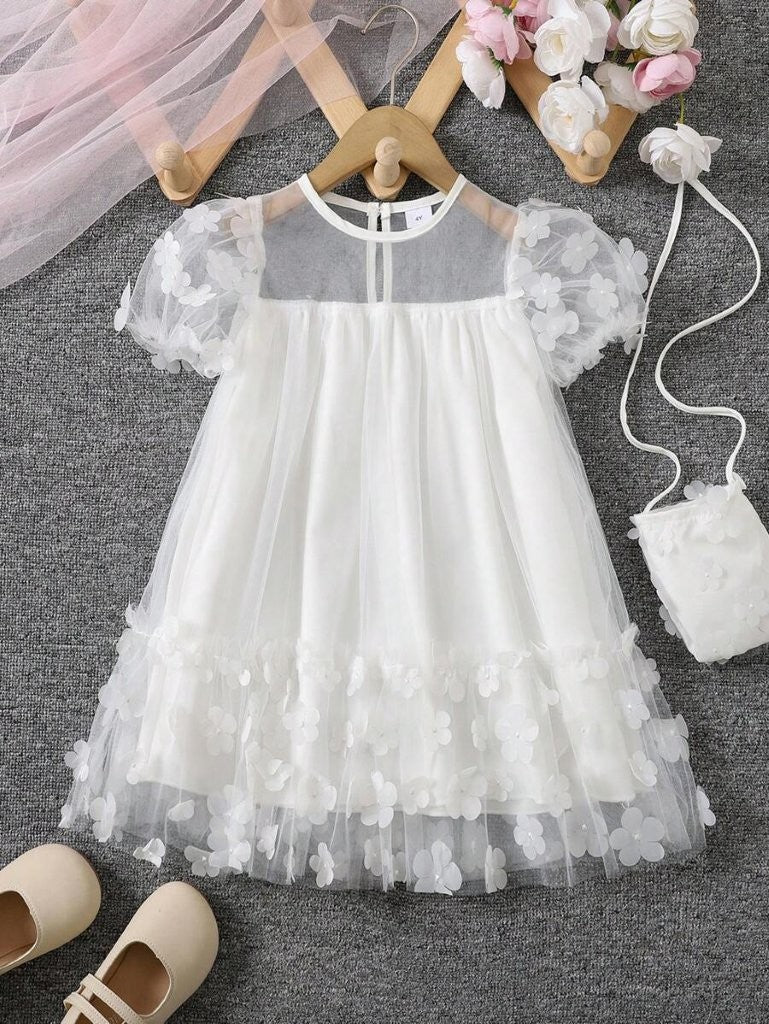 Toddler Girls White 3D Flower Dress With Bag