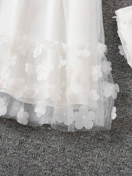 Toddler Girls White 3D Flower Dress With Bag