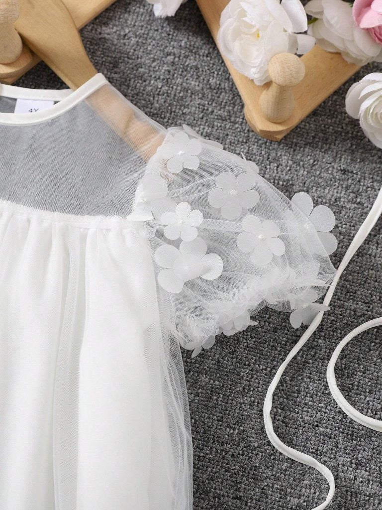 Toddler Girls White 3D Flower Dress With Bag