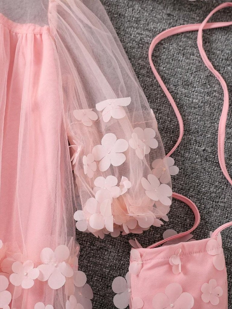 Toddler Girls Baby Pink Short Sleeve Flower Dress With Bag