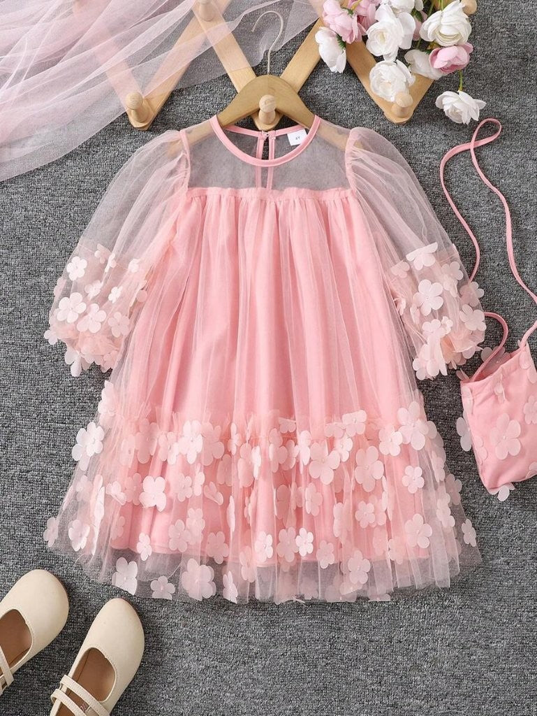 Toddler Girls Baby Pink Short Sleeve Flower Dress With Bag