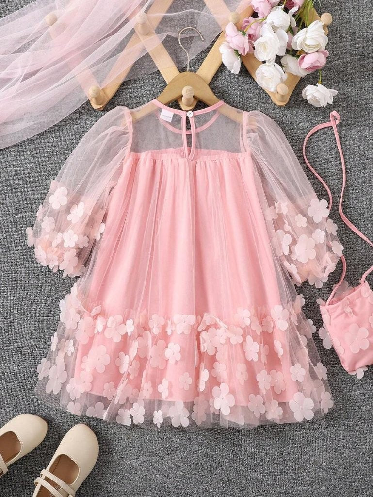 Toddler Girls Baby Pink Short Sleeve Flower Dress With Bag
