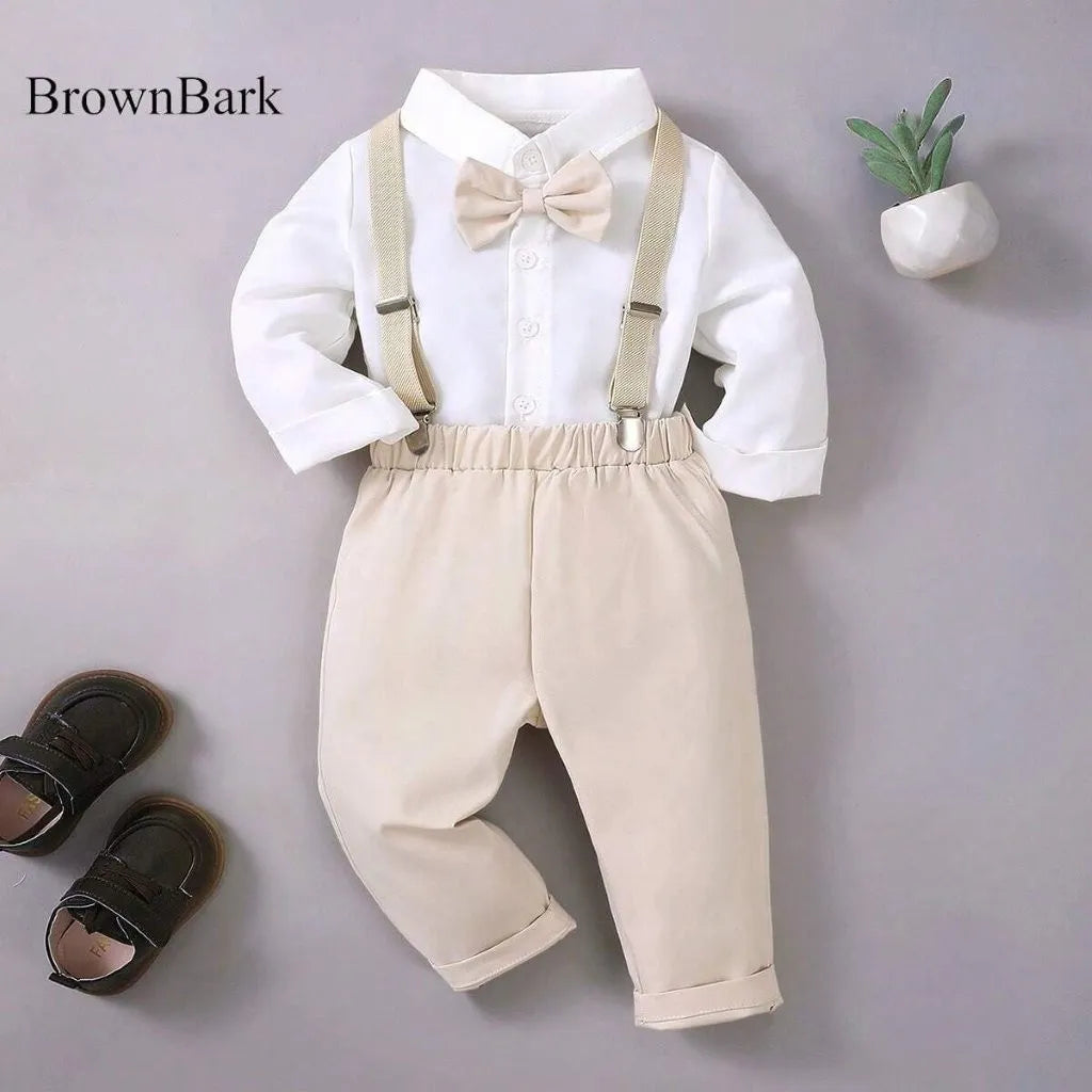 Baby 3 Piece Bow Tie Long Sleeve Suspender Outfit Apricot