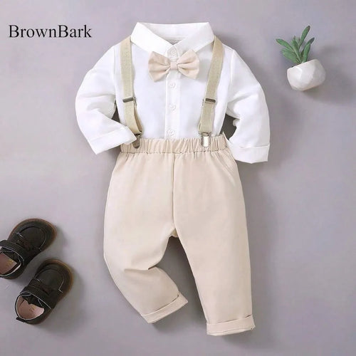 Baby 3 Piece Bow Tie Long Sleeve Suspender Outfit Apricot
