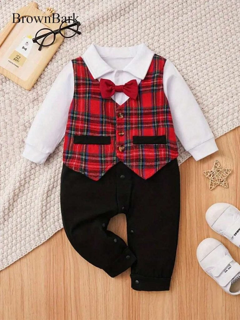 Baby Red Plaid Bow Tie Christmas Jumpsuit