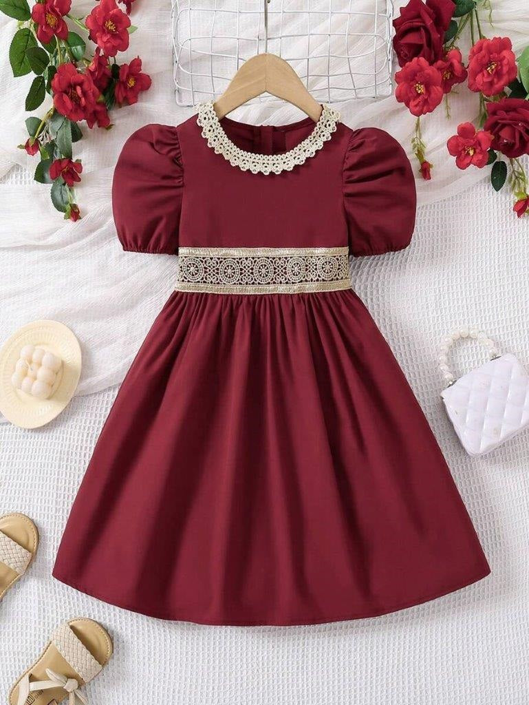 Toddler Girls Embroidery Puff Sleeve Dress Burgundy