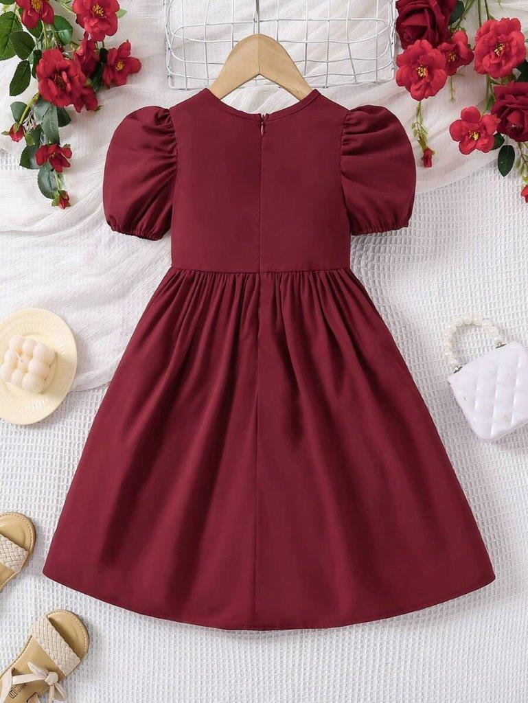 Toddler Girls Embroidery Puff Sleeve Dress Burgundy