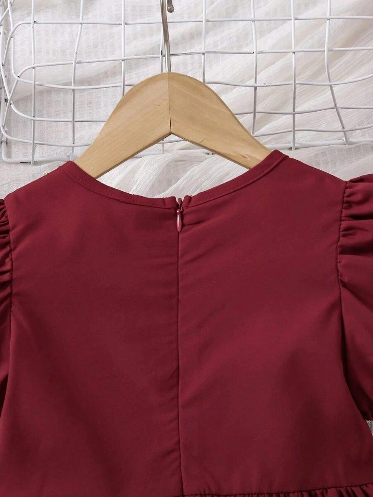 Toddler Girls Embroidery Puff Sleeve Dress Burgundy