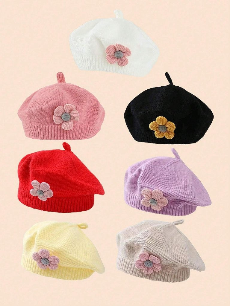 Baby Girls Flower Knitted Beret Choose A Colour