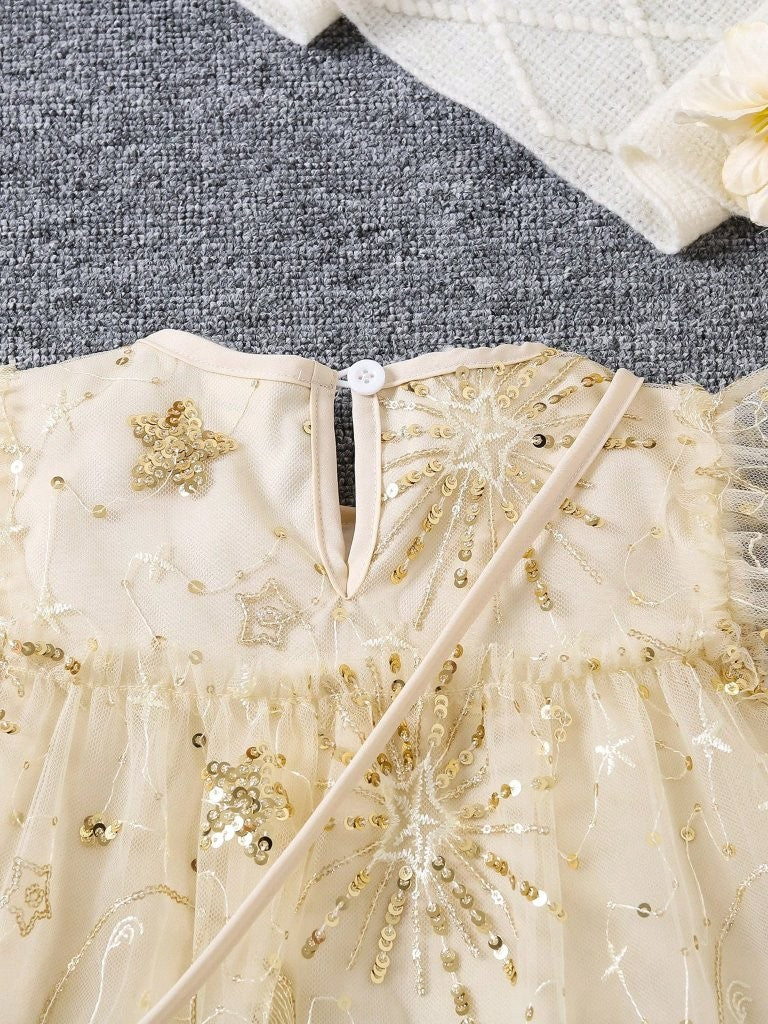 Toddler Girls Gold Beaded Embroidery Dress With Bag