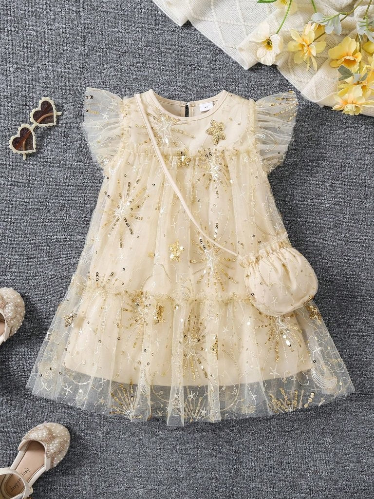Toddler Girls Gold Beaded Embroidery Dress With Bag