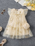 Toddler Girls Gold Beaded Embroidery Dress With Bag