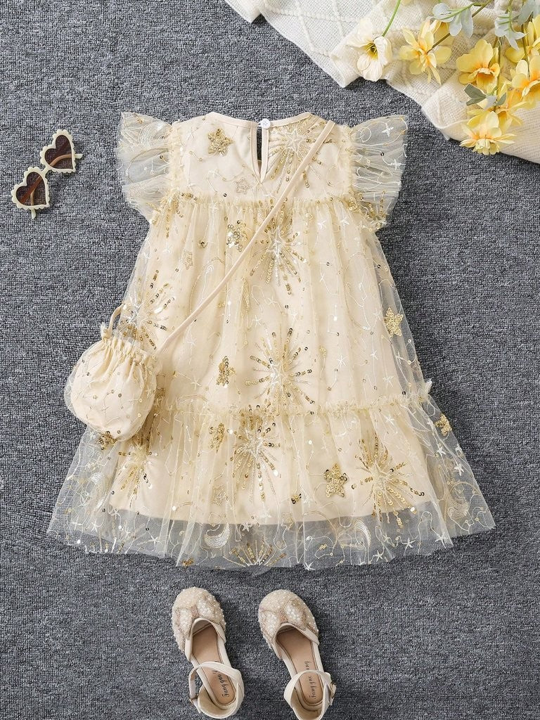 Toddler Girls Gold Beaded Embroidery Dress With Bag