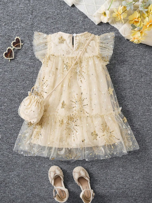 Toddler Girls Gold Beaded Embroidery Dress With Bag