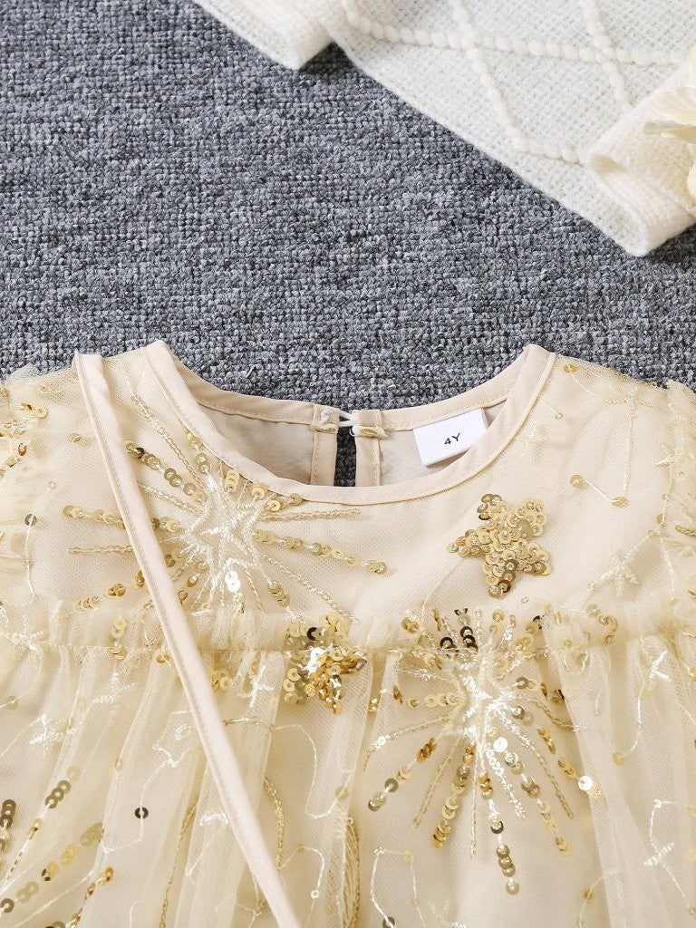 Toddler Girls Gold Beaded Embroidery Dress With Bag