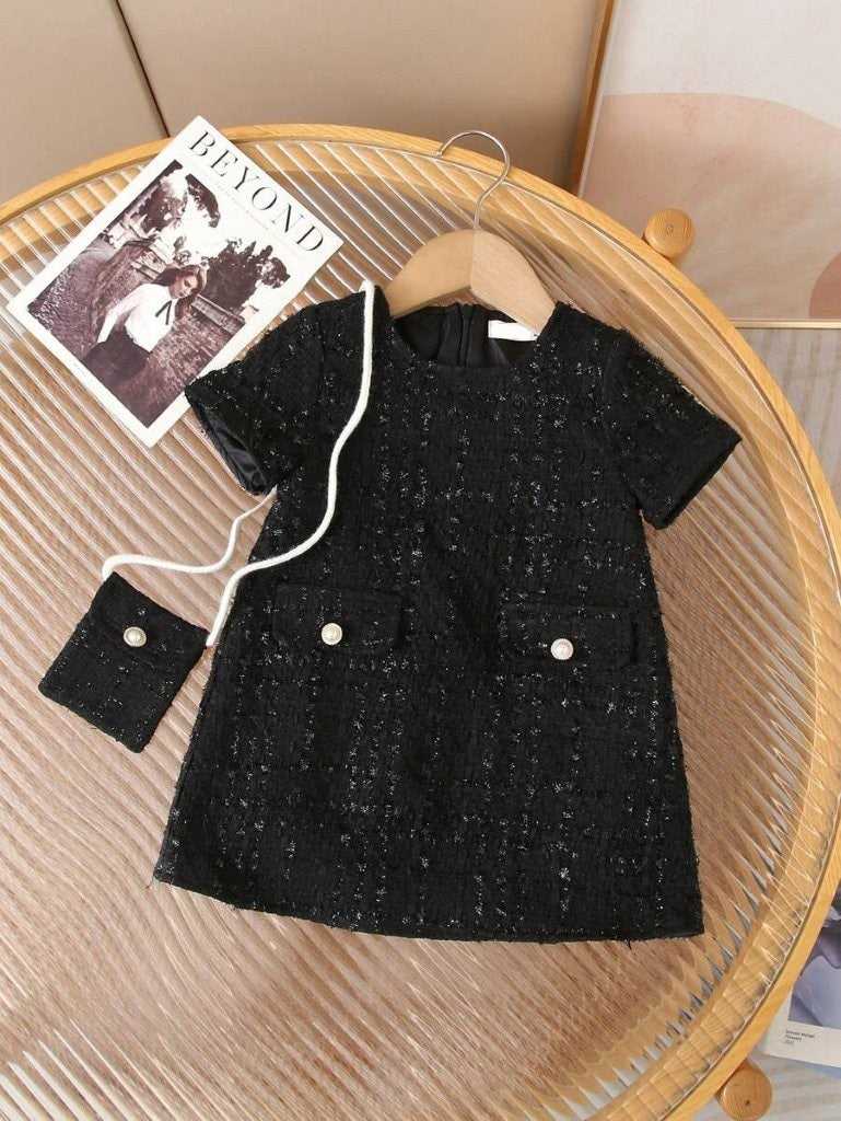 Baby Stylish Tweed Textured Fabric Dress With Bag