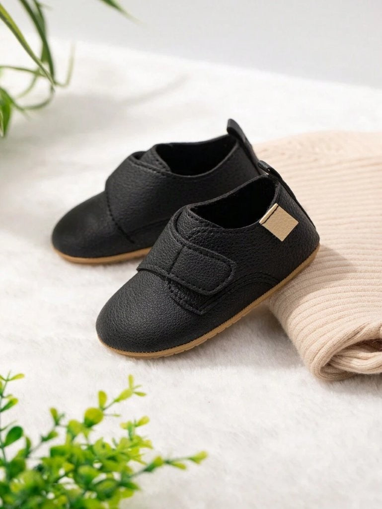 Baby Black Leather Side Strap Shoes