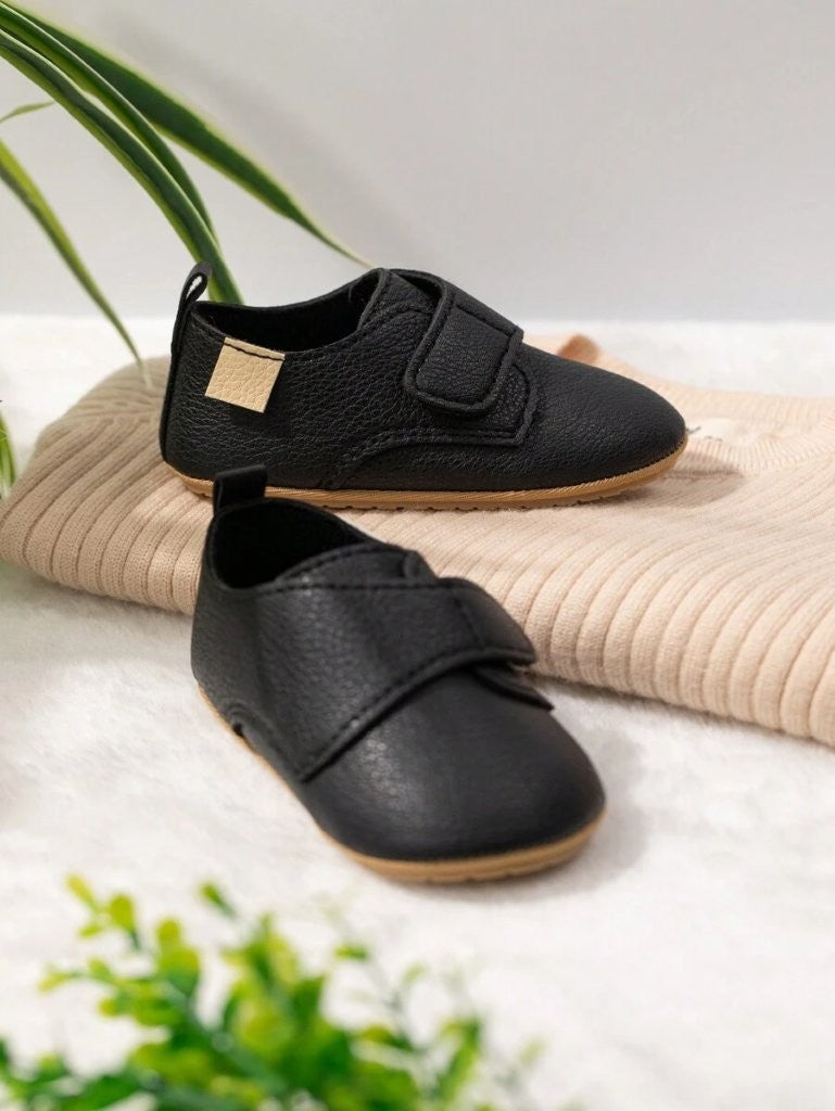 Baby Black Leather Side Strap Shoes