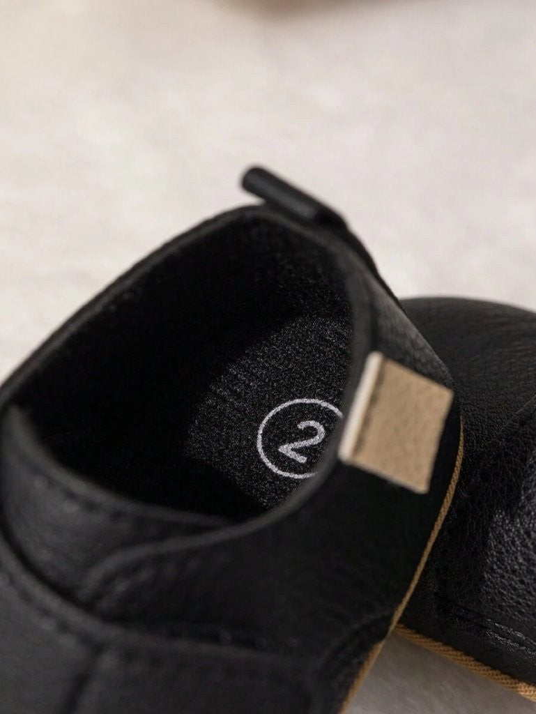 Baby Black Leather Side Strap Shoes