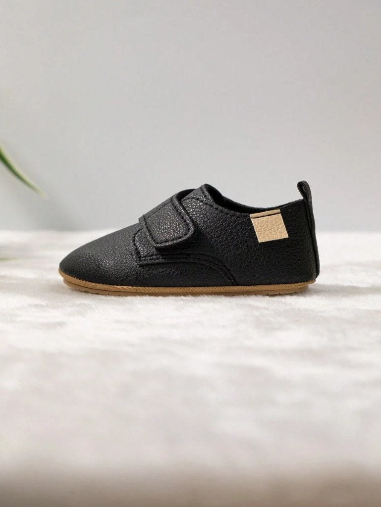 Baby Black Leather Side Strap Shoes