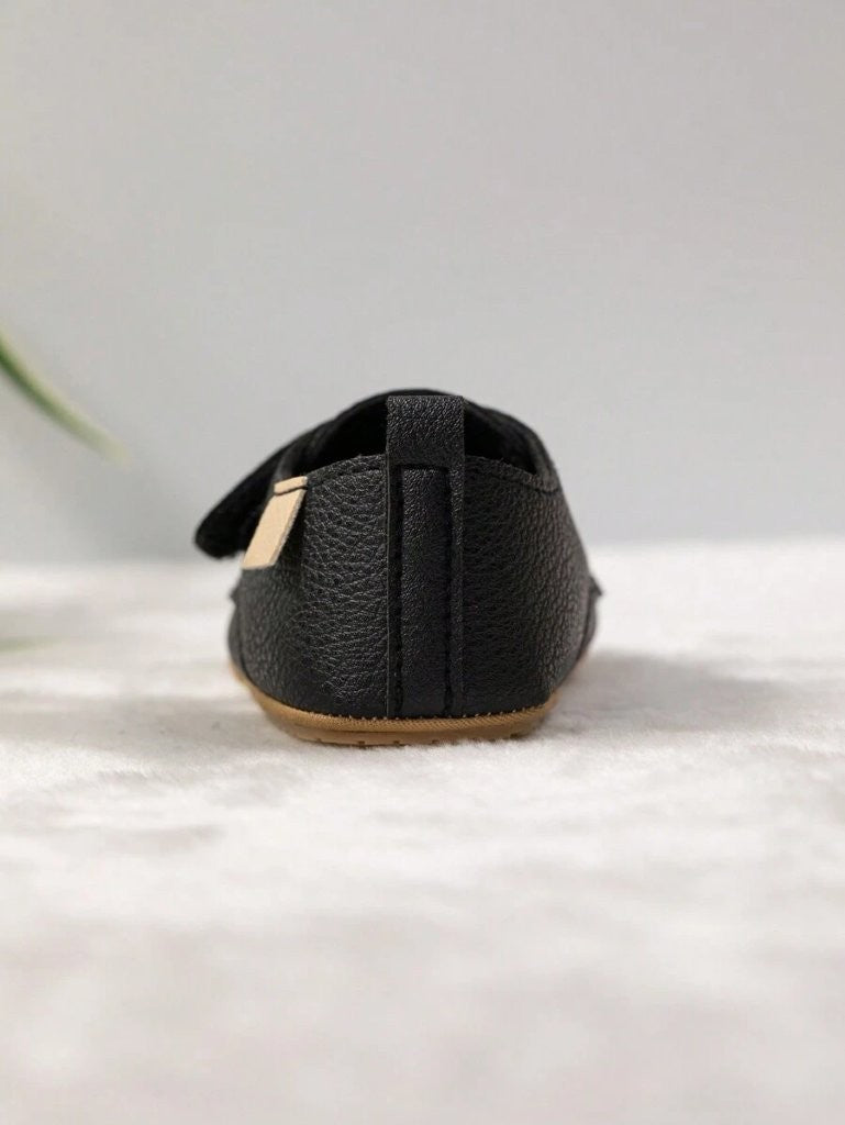 Baby Black Leather Side Strap Shoes