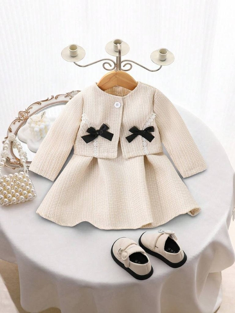 Baby Elegant Lace Trim Cardigan Jacket And Dress Outfit