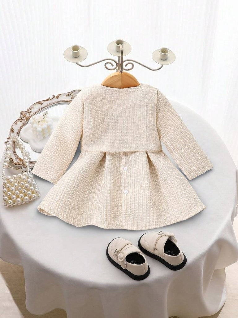 Baby Elegant Lace Trim Cardigan Jacket And Dress Outfit