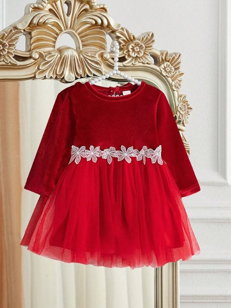Baby White Flower Print Mesh Red