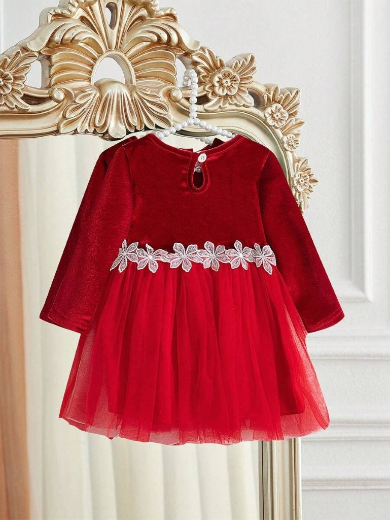 Baby White Flower Print Mesh Red