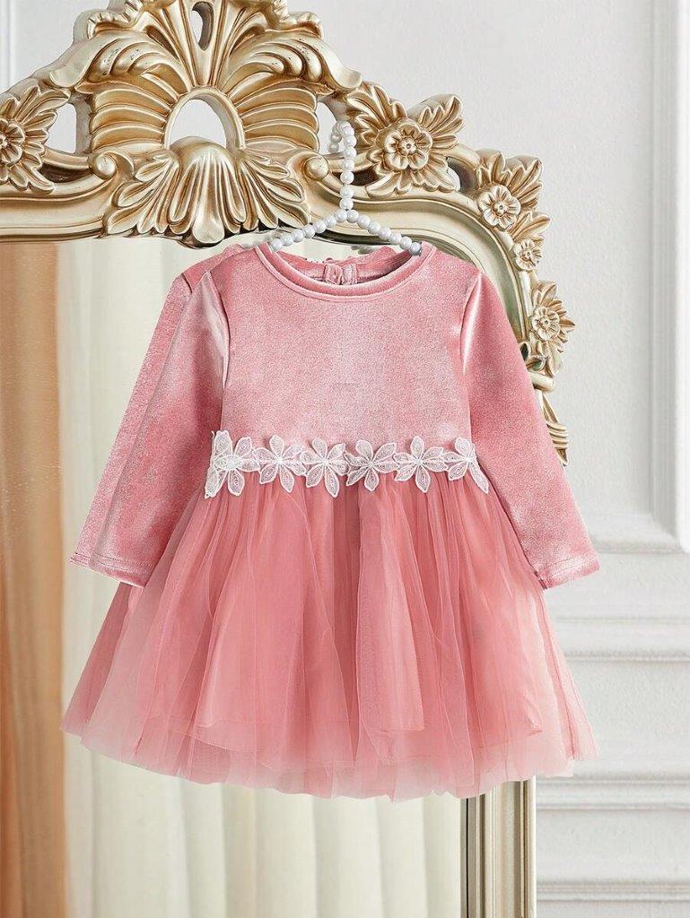 Baby Velvet Flower Waist Mesh Dress