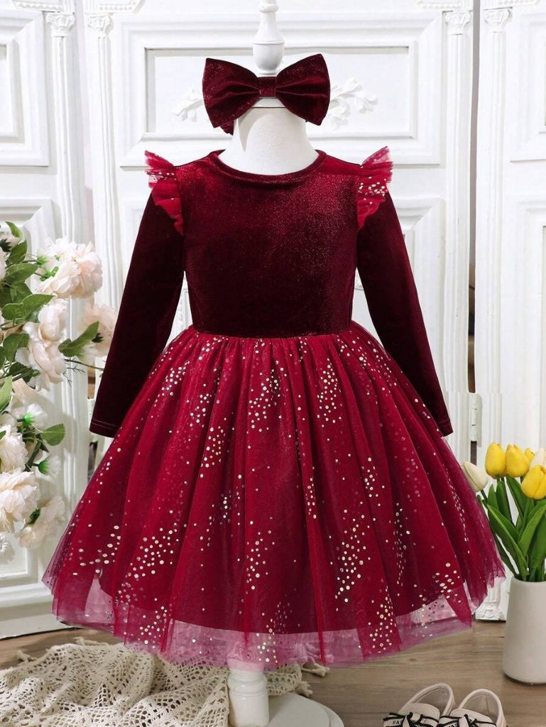 Toddler Girls Burgundy Sparkle Velvet Dress With Headband