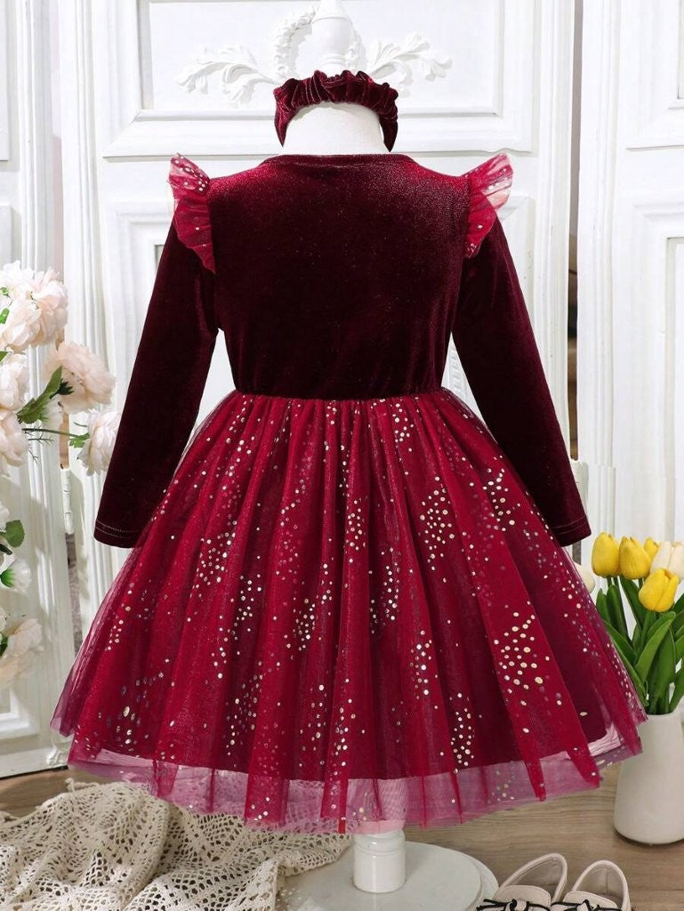 Toddler Girls Burgundy Sparkle Velvet Dress With Headband