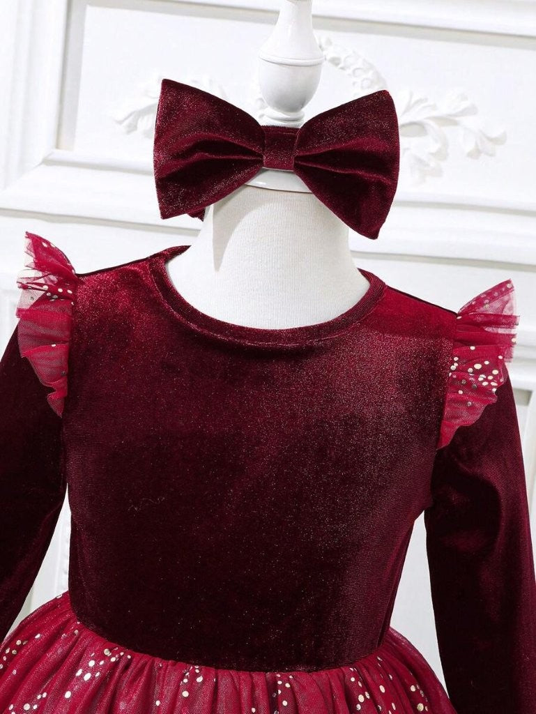 Toddler Girls Burgundy Sparkle Velvet Dress With Headband