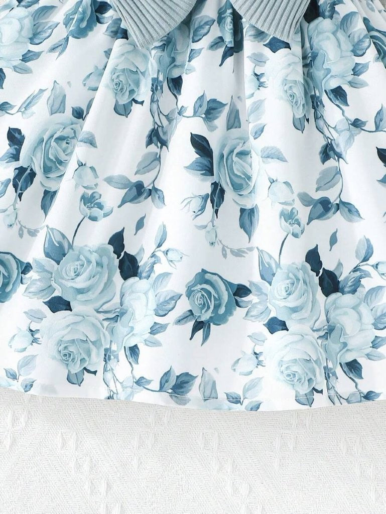 Baby Floral Print Puff Sleeve Blue Dress