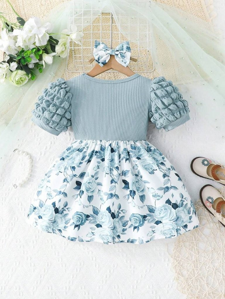 Baby Floral Print Puff Sleeve Blue Dress