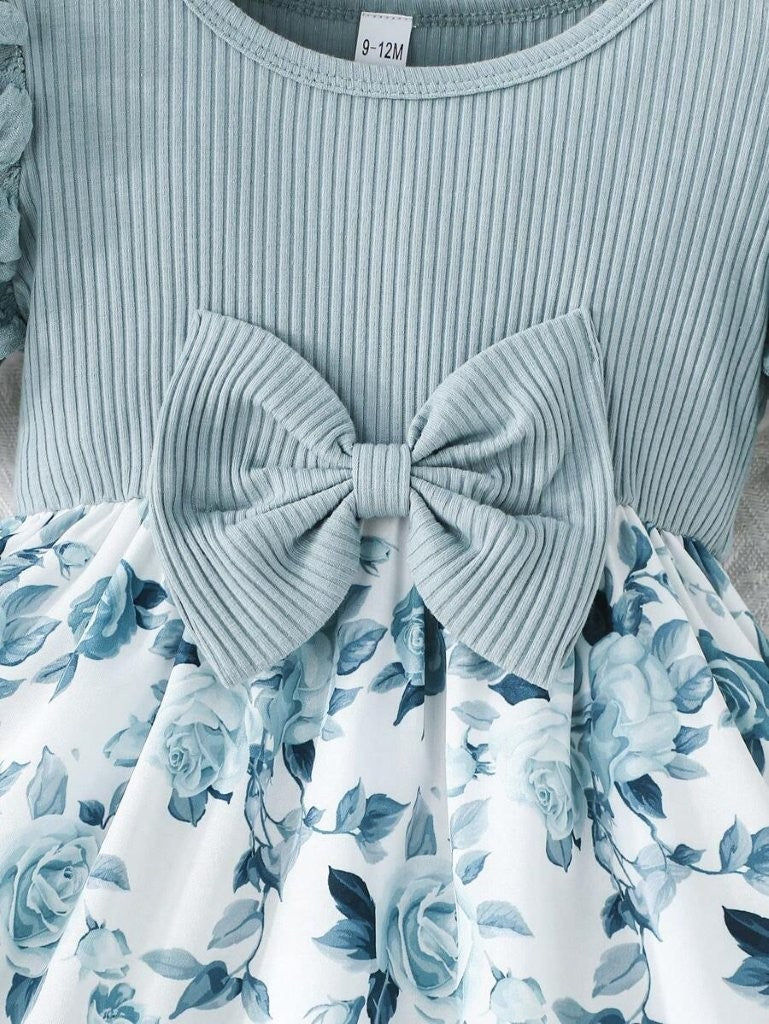 Baby Floral Print Puff Sleeve Blue Dress