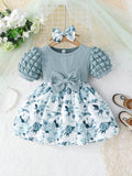 Baby Floral Print Puff Sleeve Blue Dress