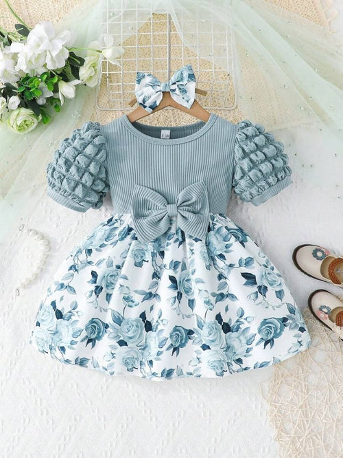 Baby Floral Print Puff Sleeve Blue Dress