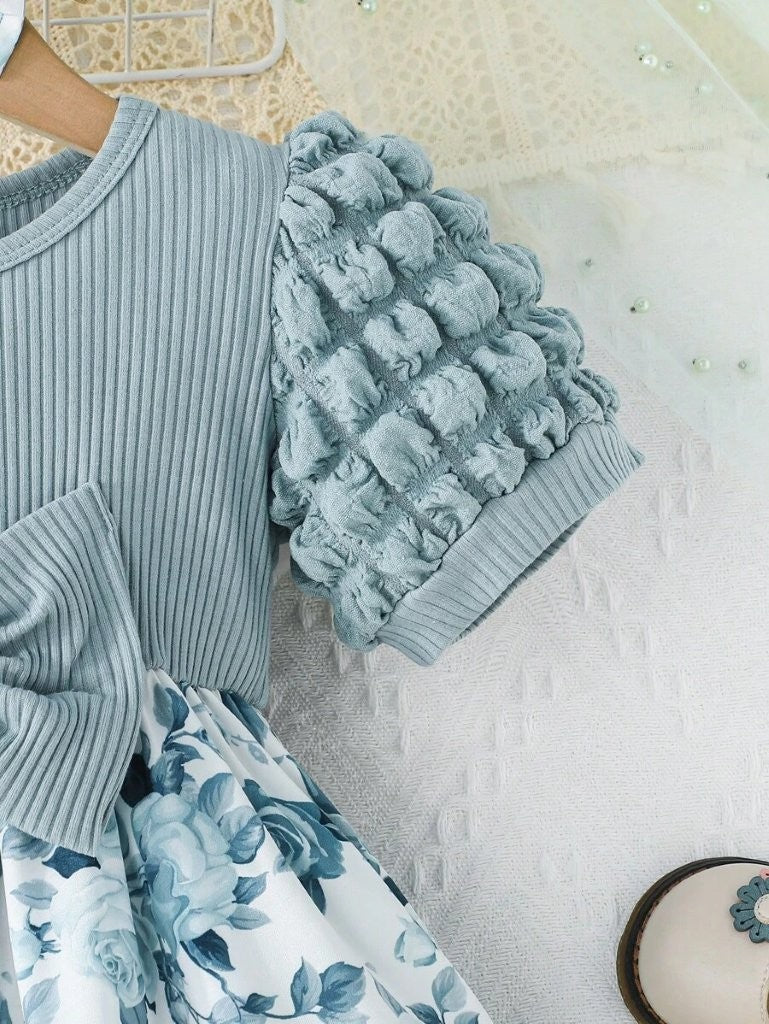 Baby Floral Print Puff Sleeve Blue Dress