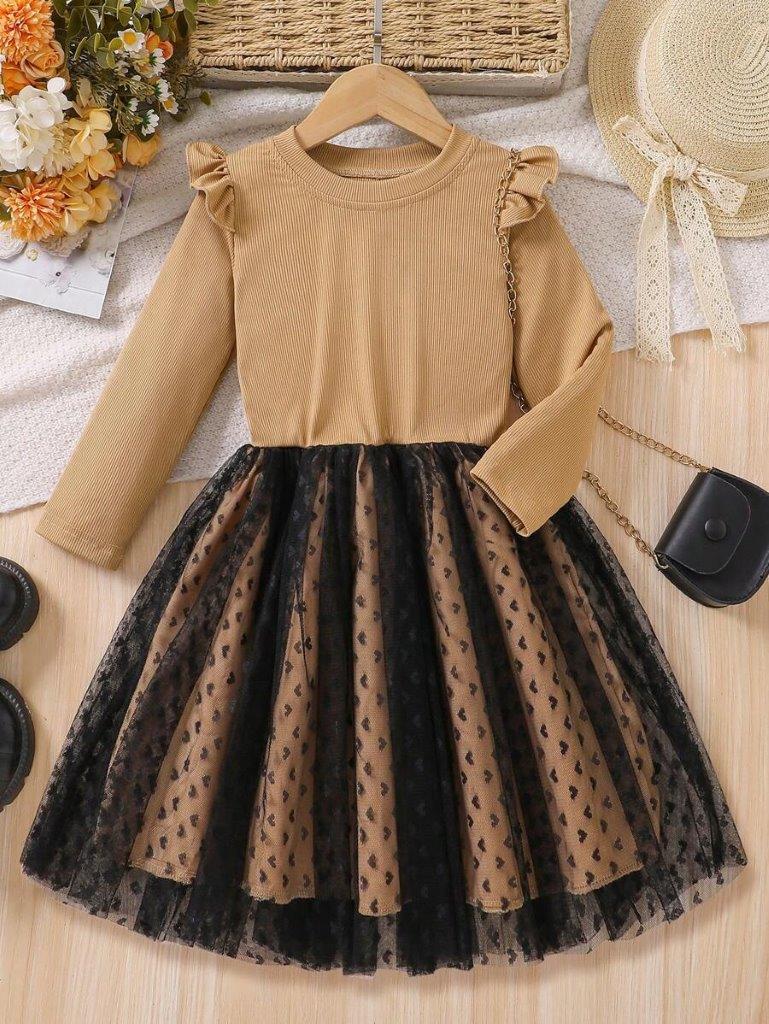 Toddler Girls Khaki Pattern Mesh Dress