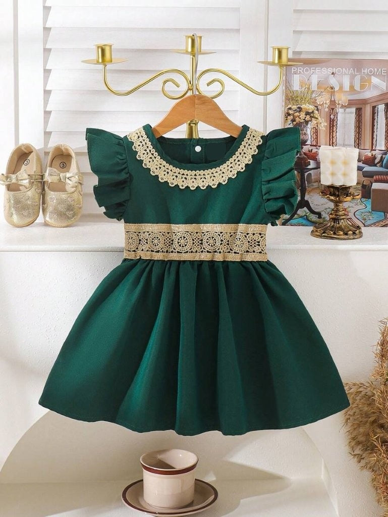 Baby Gold Lace Trim Elegant Dress Green