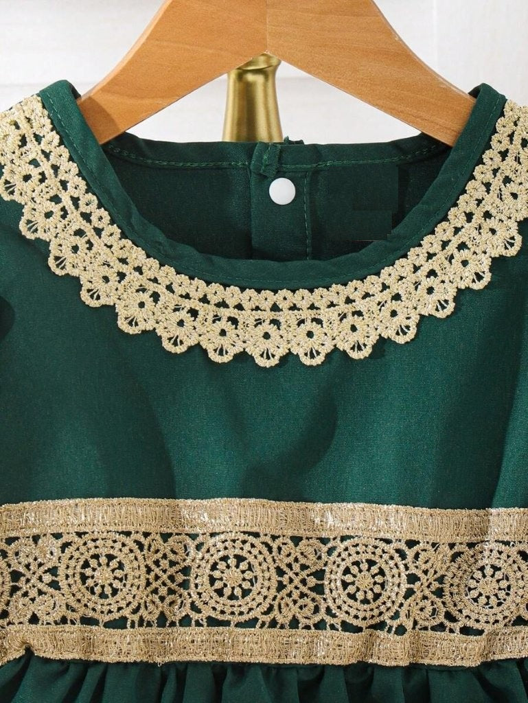 Baby Gold Lace Trim Elegant Dress Green
