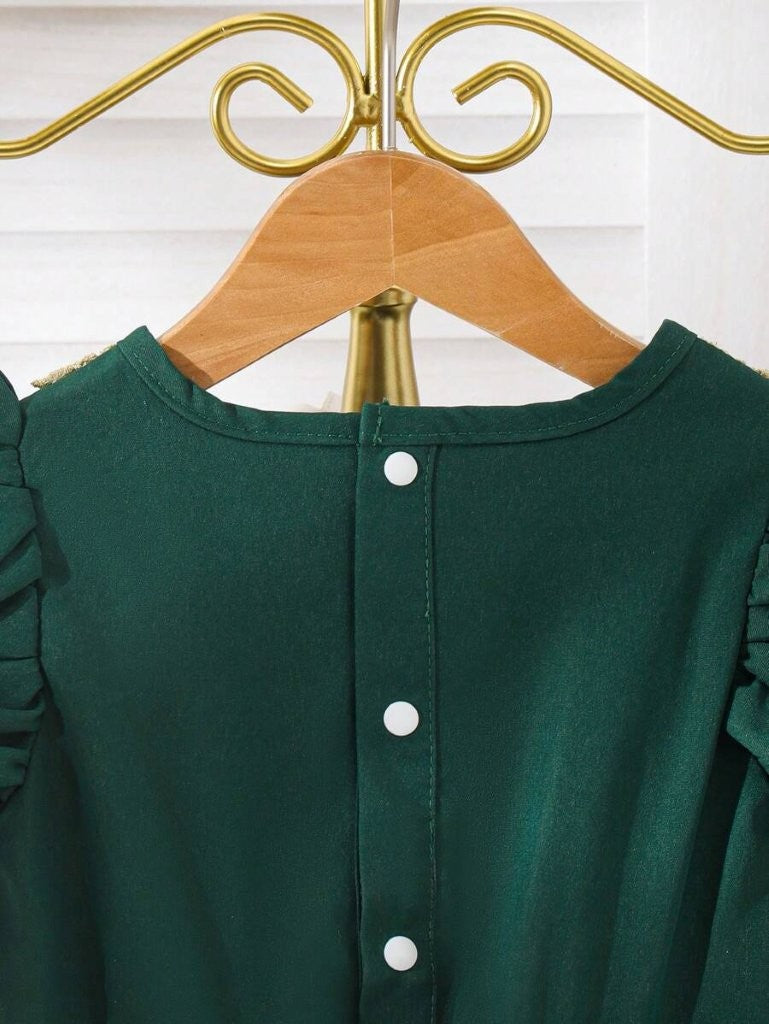 Baby Gold Lace Trim Elegant Dress Green